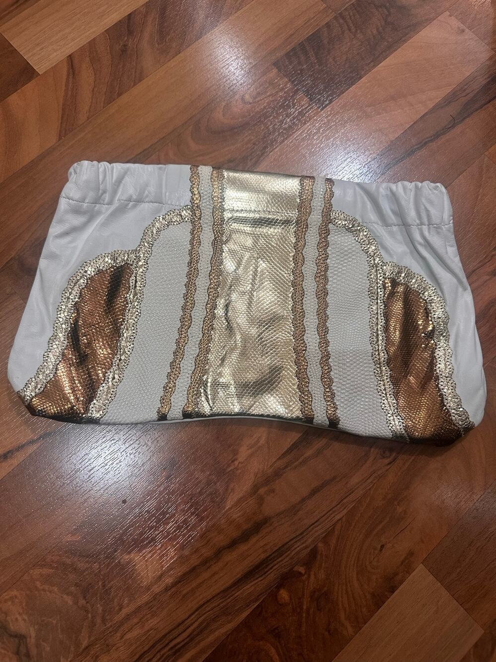 Vintage Carlos Falchi White Leather Clutch with Metallic Gold Texture Design